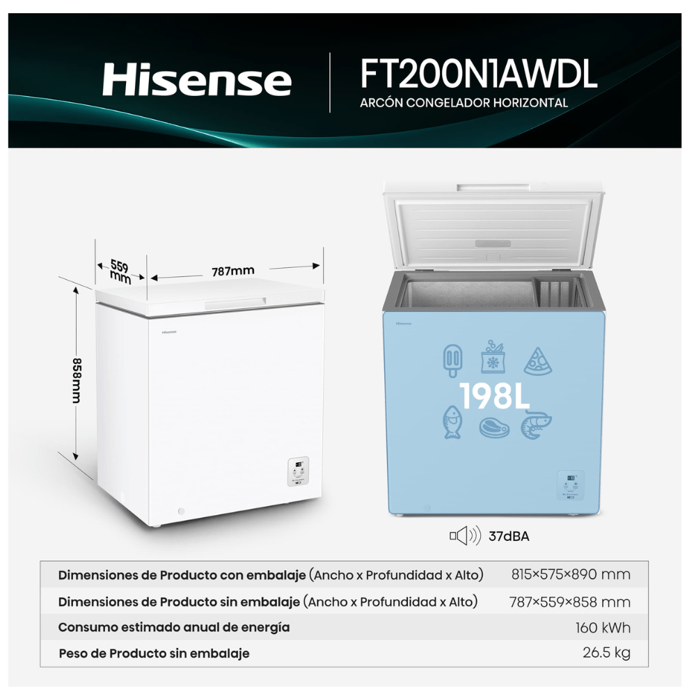 Congelador Horizontal HISENSE FT200N1AWDL, 86x79cm, Clase D, Capacidad 198L. - Imagen 2