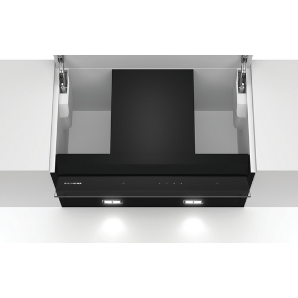Campana SIEMENS LJ67BAM60, iQ500, Campana decorativa integrable, 60 cm, Cristal negro, Clase B.