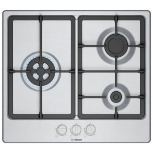 Placa BOSCH PGC6B5K90, 3 fuegos, 60 cm, Acero Inoxidable, Gas.