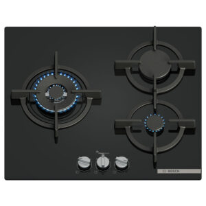 Placa BOSCH PPC6A6I10, 60 cm, 3 fuegos,Vidrio Templado, Negro, Gas.