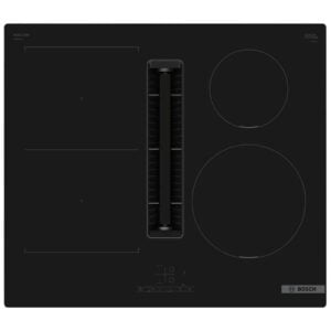 Placa de inducción con extracción Bosch PVS611B16E, Sin perfiles, dos zonas de 21x19 cm y dos zonas de 21 cm y 18 cm, Ancho 60 cm, Negro, Clase B.