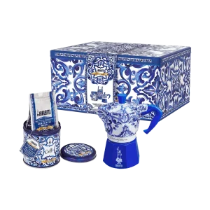 Set Moka Express Azul Mediterráneo 3 tazas y café Perfetto Moka Autentico